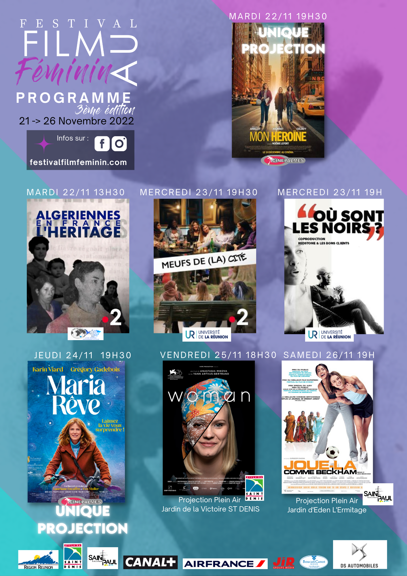 affiche festival du film au féminin de la réunion 974 3ème édition du 21 au 26 novembre 2022